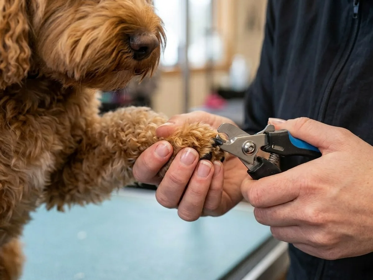 Groomer calmly clipping a cavoodle's nails, dog resting its paw in hand