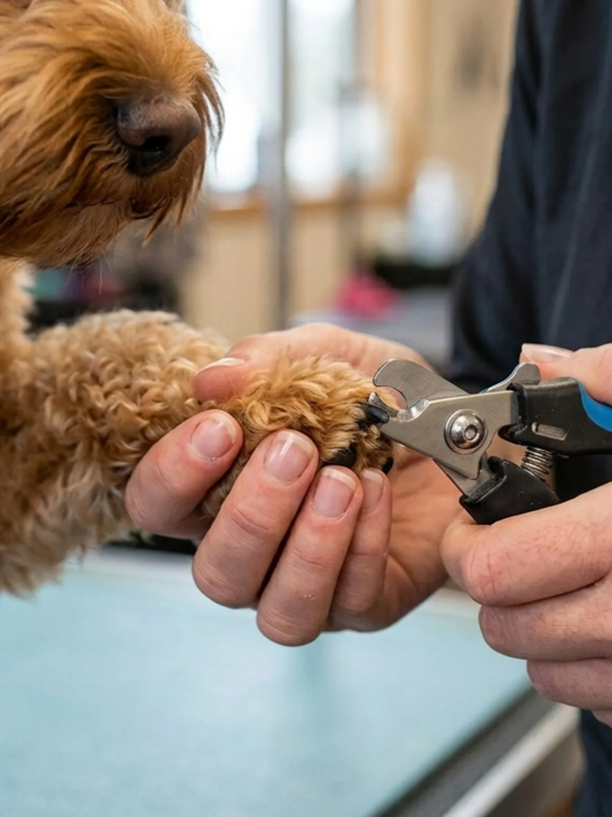 Groomer calmly clipping a cavoodle's nails, dog resting its paw in hand