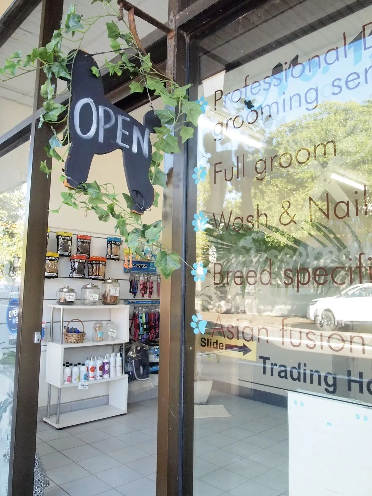 Front door of Scissored Paws Manly with the open sign and grooming services listed on the glass